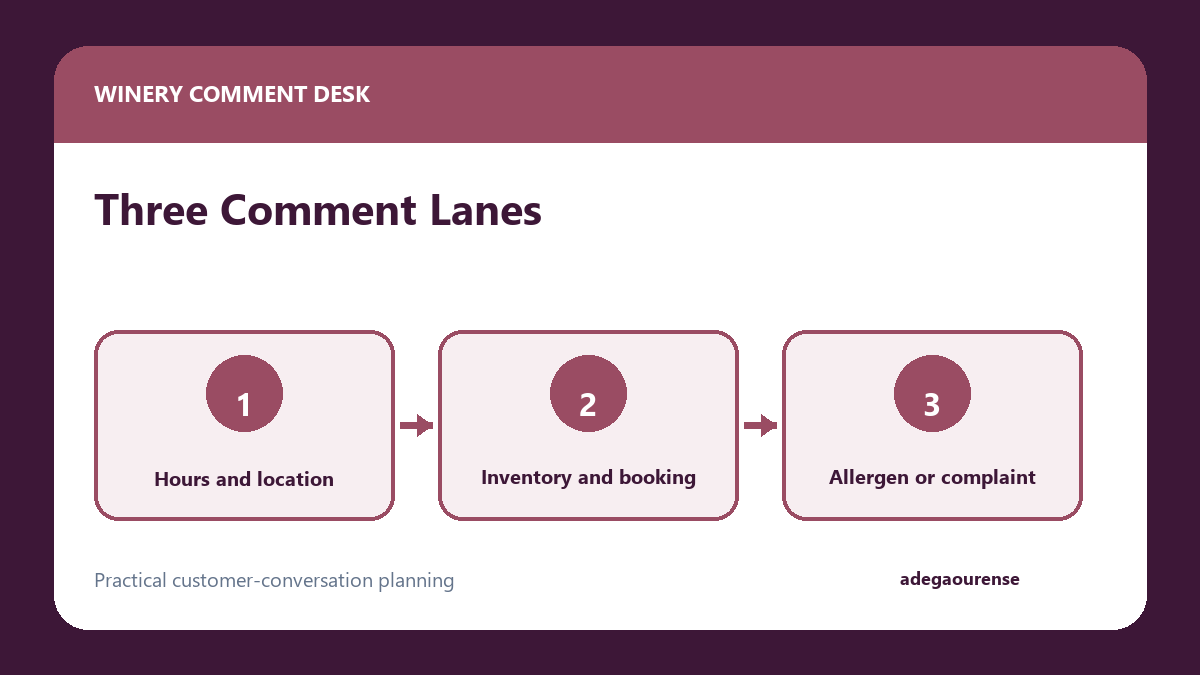 Winery Facebook comment triage lanes for public facts, verification, and staff review
