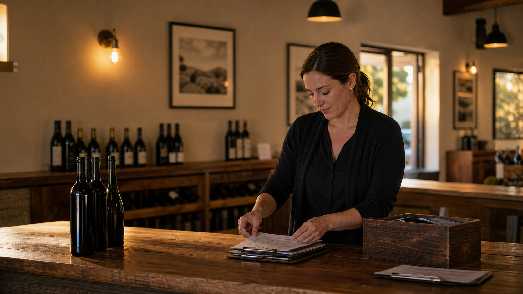 Wine tasting room manager preparing a practical ownership handoff file