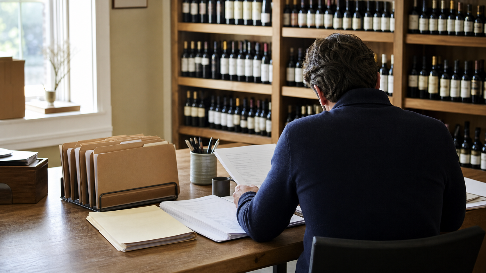Wine business owner organizing transition records in a wine shop office